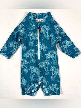 FOR LOVE Unisex Baby Rash Guard Romper 0-6 M Palm Print Coastal‎ Beach Swim Teal